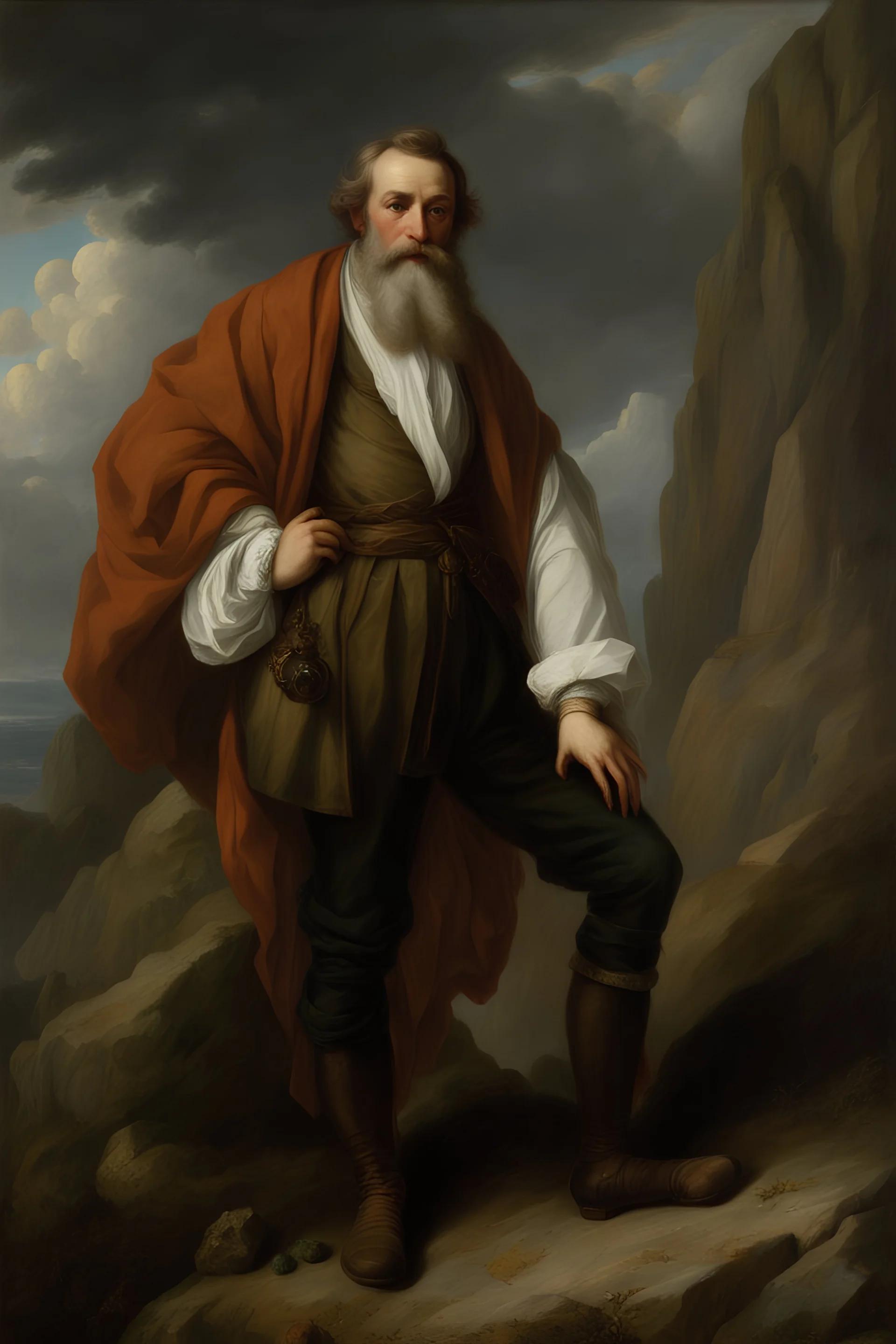 Jacopo Bassano 4K realistic high-detail photography of a full body view group of handsome young muscular bearded British Oil painting Clouds, cliffs, rocks, philosophic and trascendent, cosmic infinite influence, mountains, charles leickert, henry luyten, and walter leistikow impressionism paintings