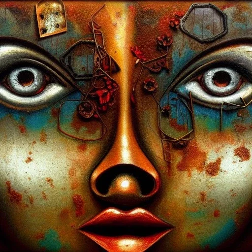 an abstract painting oil in canvas of rusted metal and flowers of beautiful busty female Cyborg, rust, scaffolding, iron cladding, decay, mixed media, textured, anatomically correct, beautiful perfect face,beautiful perfect sad eyes, sharp focus, highly detailed, masterpiece, realistic, intricate detail, sci-fi fantasy style, volumetric lighting, particles, highly detailed ,cinamatic , deep colours, 8k, by Leonardo da Vinci , signed YAK