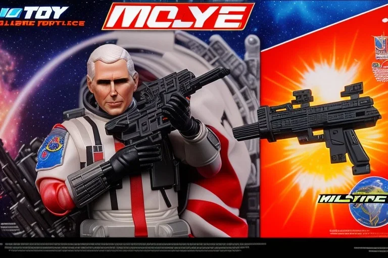 Mike Pence G.I. Joe toy Doll With a gun and Space force uniform inside blister packaging hanging on a Wallrack in toystore, fluorescent, wide angle shot whole body, black boots, laser, Cheekscar, pricetag, Jetpack,fullsize