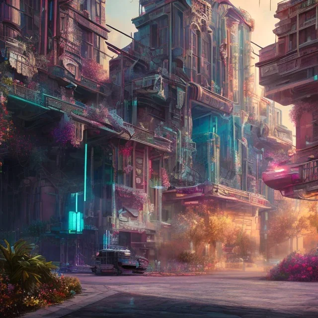 paysage building, fleur, chrome, synthwave, concept art, couleur vibrante, route