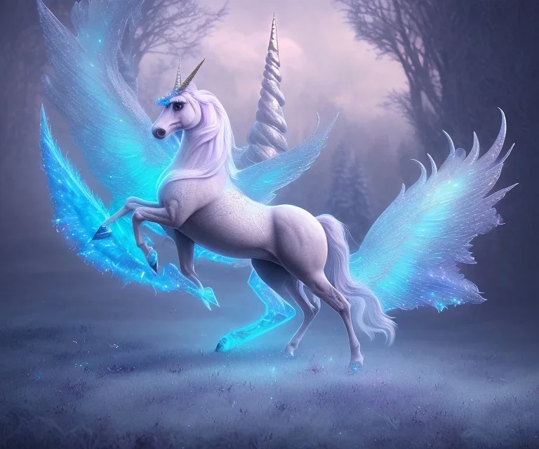 surreal illustration of a colors unicorn on princes frozen ground, realistic, surrealism, surreal unicorn with glowing wings, glowing soft and smooth wings, shadow, abstract surreal fantasy art, highly detailed, intricate patterns on wings, soft studio lighting, smooth dark blue background 64k