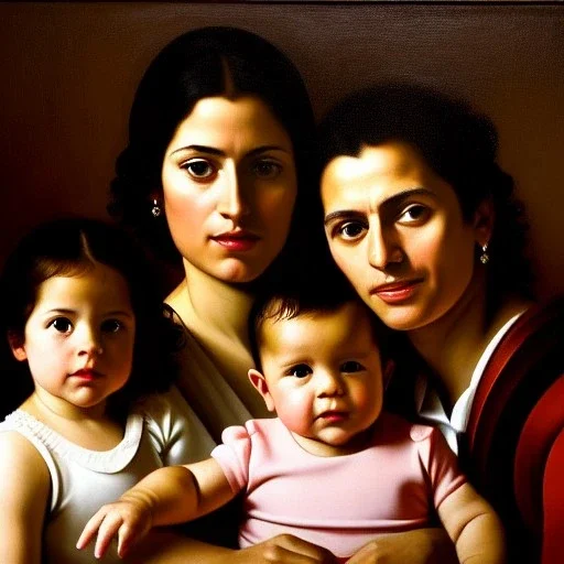 portrait of Jacobo Santiago Mozos born in 1976 and Gemma Arnau Arnau born in 1979,and daughters Eira Santiago Arnau and Dalia Santiago Arnau by Caravaggio,smiling, oil on canvas, cinematic composition, extreme detail,8k,fit full head inside picture,