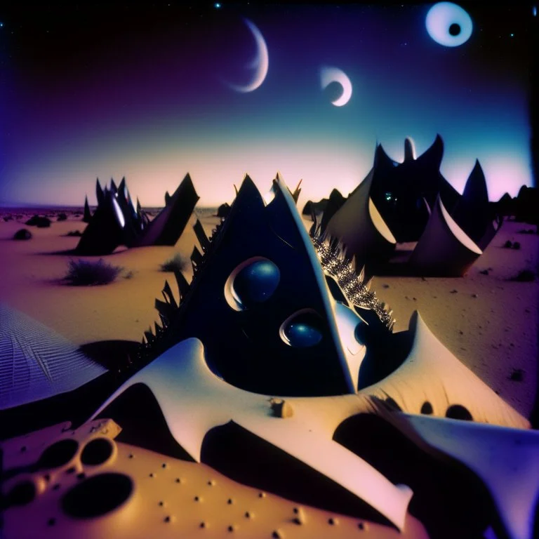 Polaroid close-up photo of odd shapes scattered over an arid wasteland, very spooky, night, hypermaximalist, very intricate, Yves Tanguy world, 8k, deep 3d field, 35mm photography