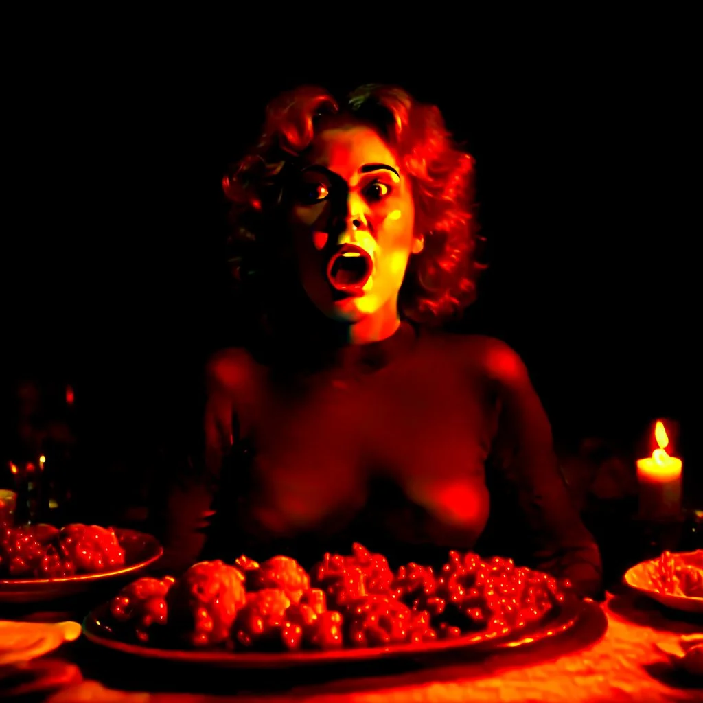 Spooky, ultra realistic, distress, dining, ultra realistic hot woman, pieces of meat, creepy, woman, organic, ail, dynamic, excited and lively scene, hot women, hypermaximalist figures, stb, Creepy, Alfred Hitchcock, Sam Raimi, sinister, John Carpenter, Dario Argento, ornate