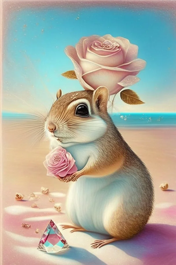 adorable chipmunk holds a diamond, roses on the beach, soft rounded edges, gentle, serene, magical, pastel colours, dynamic lighting, a masterpiece, surreal, Catrin Welz Stein style in sunshine