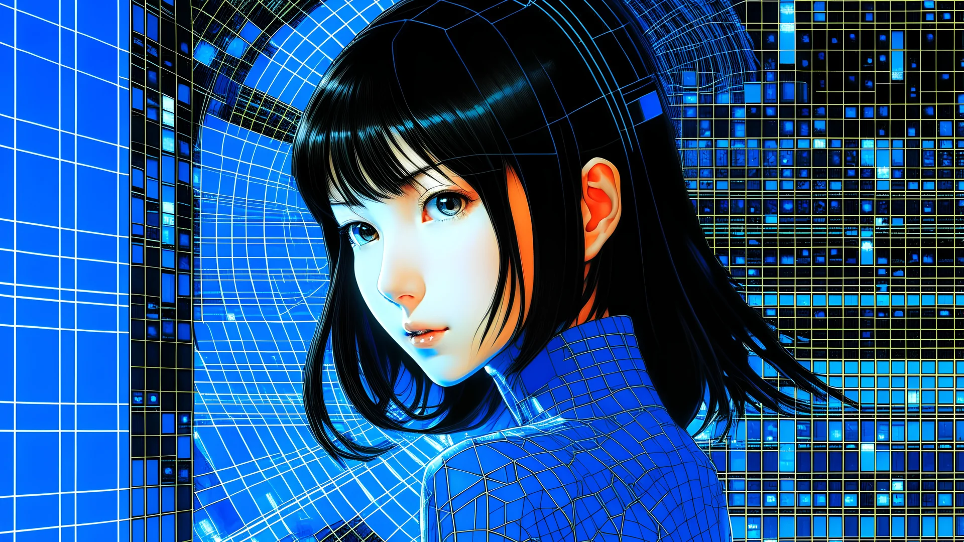 An illustration by Kuniyoshi of a tech-girl inside a digital blue matrix-grid.