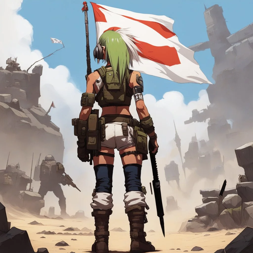 small tank girl young seen from the back with a white flag blocks tall orcs and giants, she is the soldier of peace