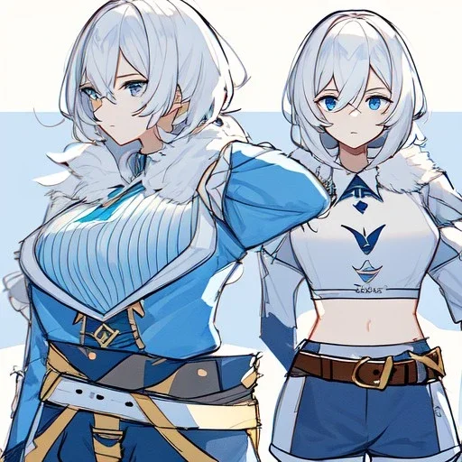 Clear focus, High resolution, rough line sketch art, short fluffy white hair, hair between eyes, fluffy hair, blue eyes, wearing a crop top, wearing shorts, detailed outfit, lots of details, bow on belt, white belt, white and blue everywhere on outfit, cut sleeve, yellow chains around outfit