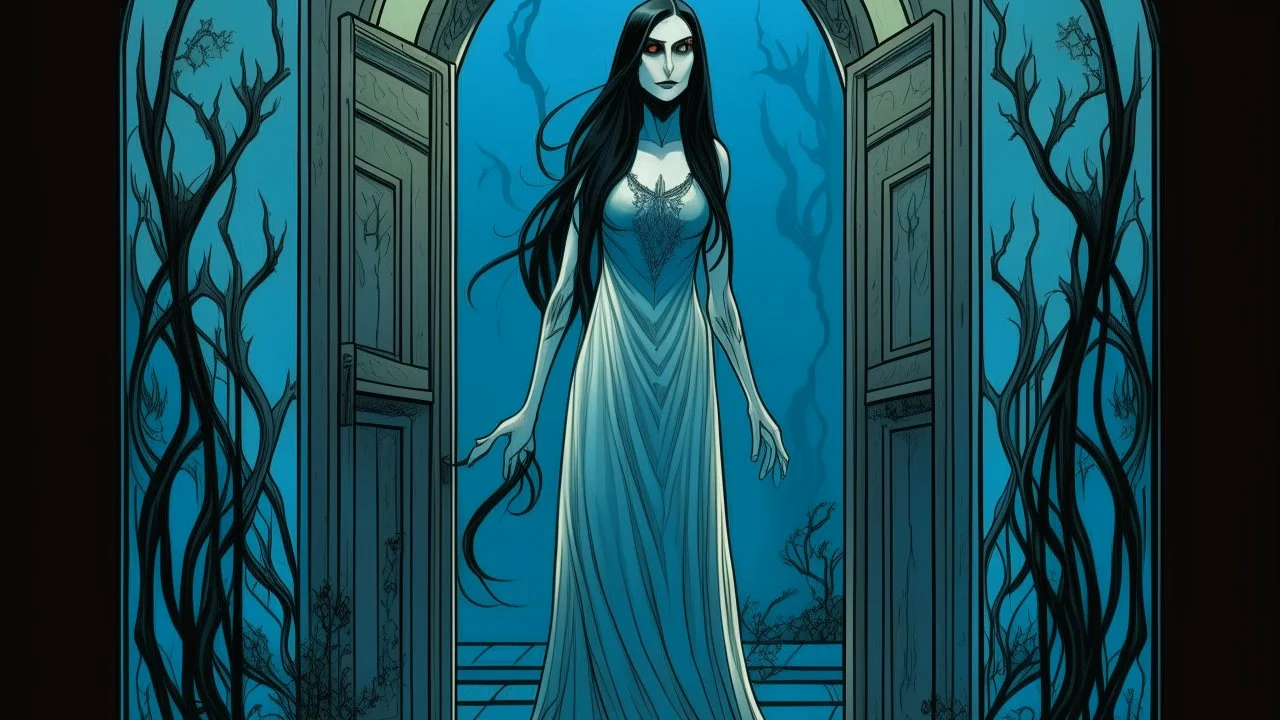 Illustration of a Caucasian woman in her 40s, with long black hair and pale skin, wearing a long light blue dress. She stands in front of a dark stone door adorned with a skeleton at the top. The scene is lit with cool blue light, creating a ghostly atmosphere. At her feet are several vines. Bats fly in the background. The style evokes classic fantasy art, with a focus on dramatic lighting and detailed character design. The color palette is dominated by shades of blue and black, which enhance th