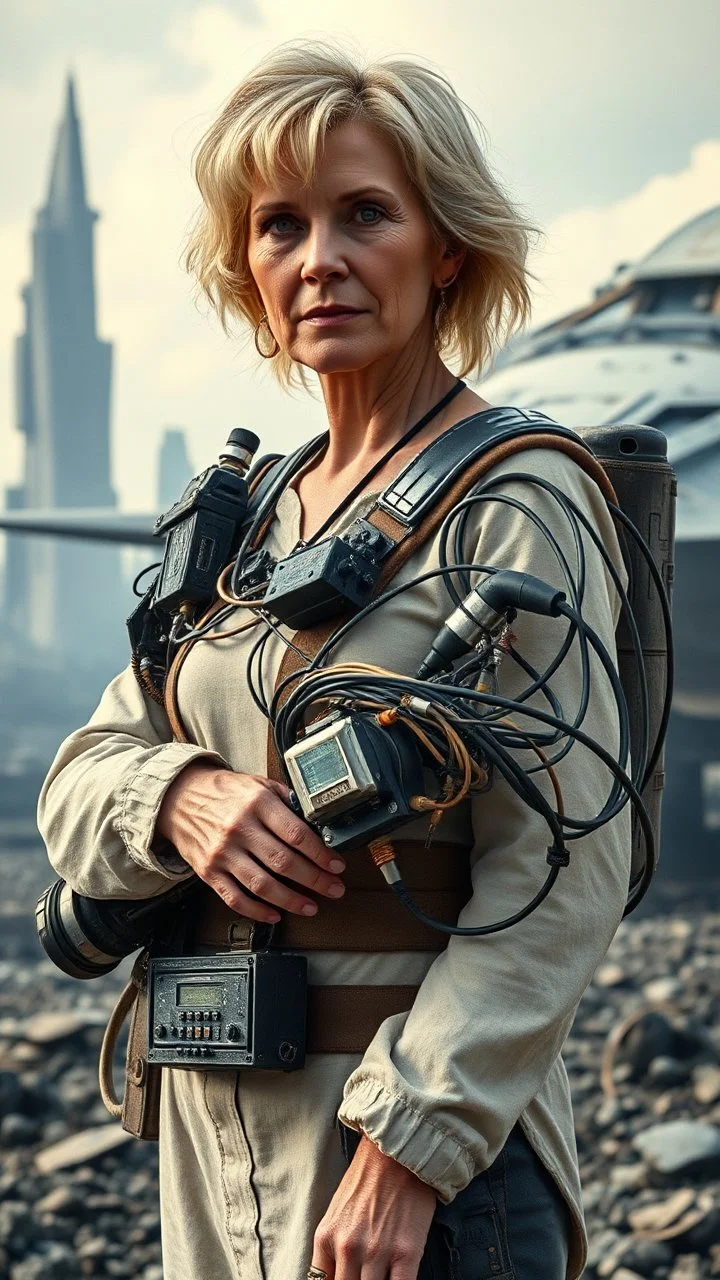 A 60-year-old woman with blond hair, holding an armful of complex electrical equipment, standing in front of a spaceship, with a ruined city in the background.