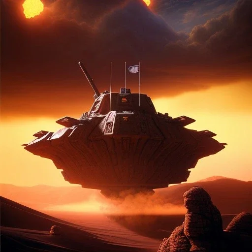 volumetric dramatic desert Battle scene with futuristic hovering military armored Hovercraft painted by chris foss, floating, 4k, 8k, Minutiae, highly detailed, gun Turret, antennae, pennant, hovering, stripes, sunset [duststorm, nimbus clouds]