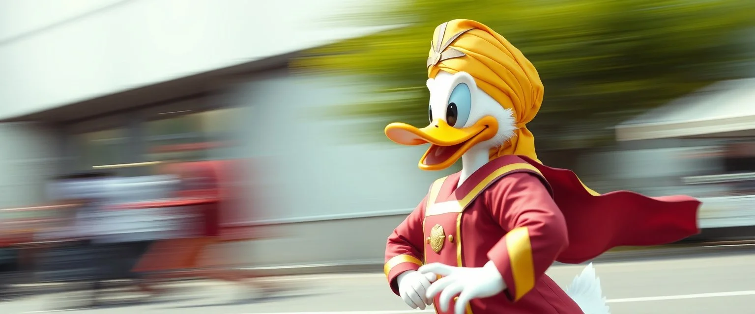 hi speed donald duck as a muslim cross dresser with motion blurred background