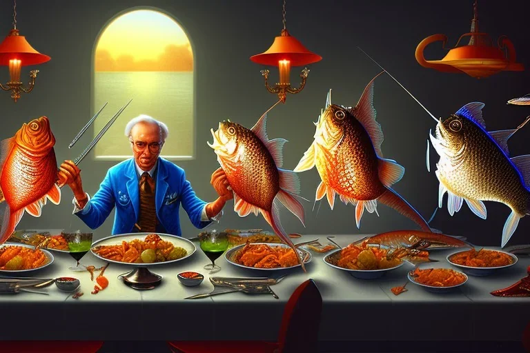 supper, fish sit at the table and eat pieces of people.