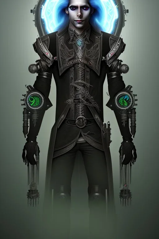 portrait of a dark dark male elf, with long white hair, haunting eyes, and wearing a steampunk exoskeleton powered by gears, in high fantasy style