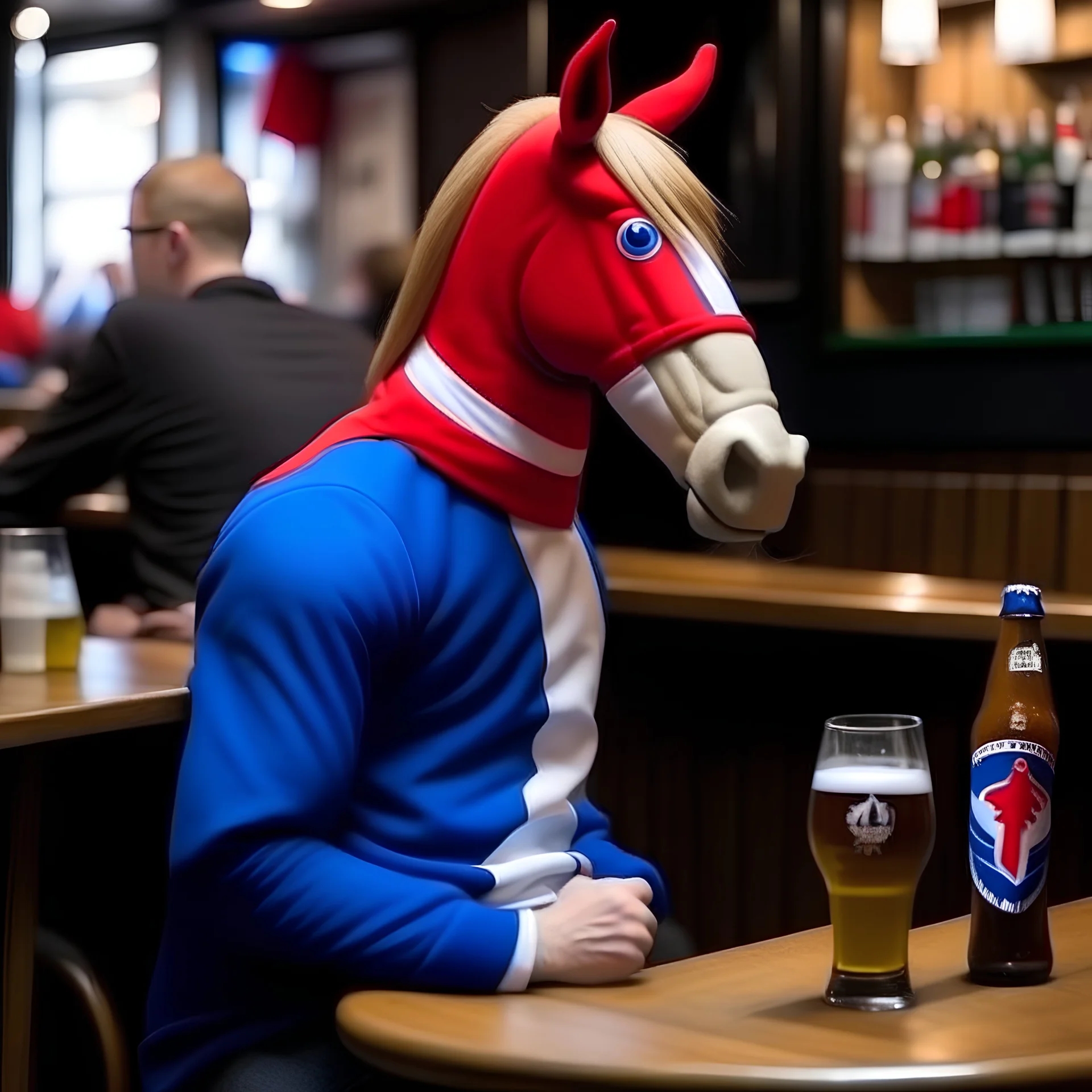 A man in the form of a horse in a bar drinking a beer dressed with a representation of the French rugby team because he supports this team