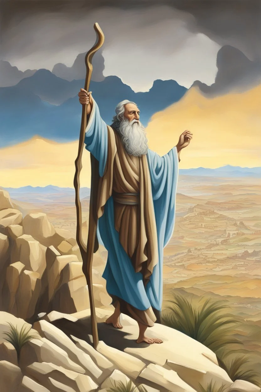 Moses stands on a mountain and holds a crooked wooden staff, at his feet are stone tablets on which the ten commandments of God are written, and below is a valley with the cities of Palestine where milk and honey flow. sand, palm and mountains. There is a silhouette of God in the sky. Everything is painted in oil painting with high-quality drawing of details