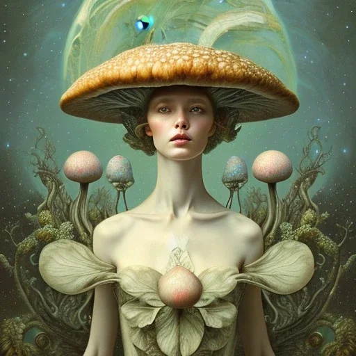  Beautiful rococo mushroom fairy, detailed eyes, realistic features, hq, fungi, celestial, moon, galaxy, stars, by Salvador Dalí, giger, Hieronymus Bosch, victo ngai, fungi, celestial, Ryan Hewett by Van Gogh