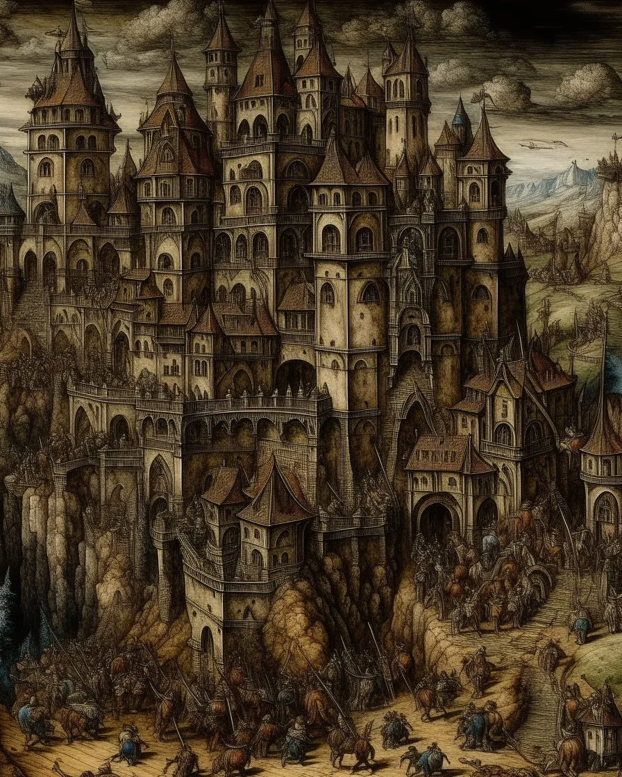 A sinister looking chaotic castle painted by Albrecht Durer