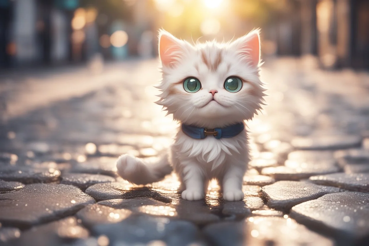 cute happy chibi anime cat standing on a wet cobblestone road in sunshine, ethereal, cinematic postprocessing, bokeh, dof