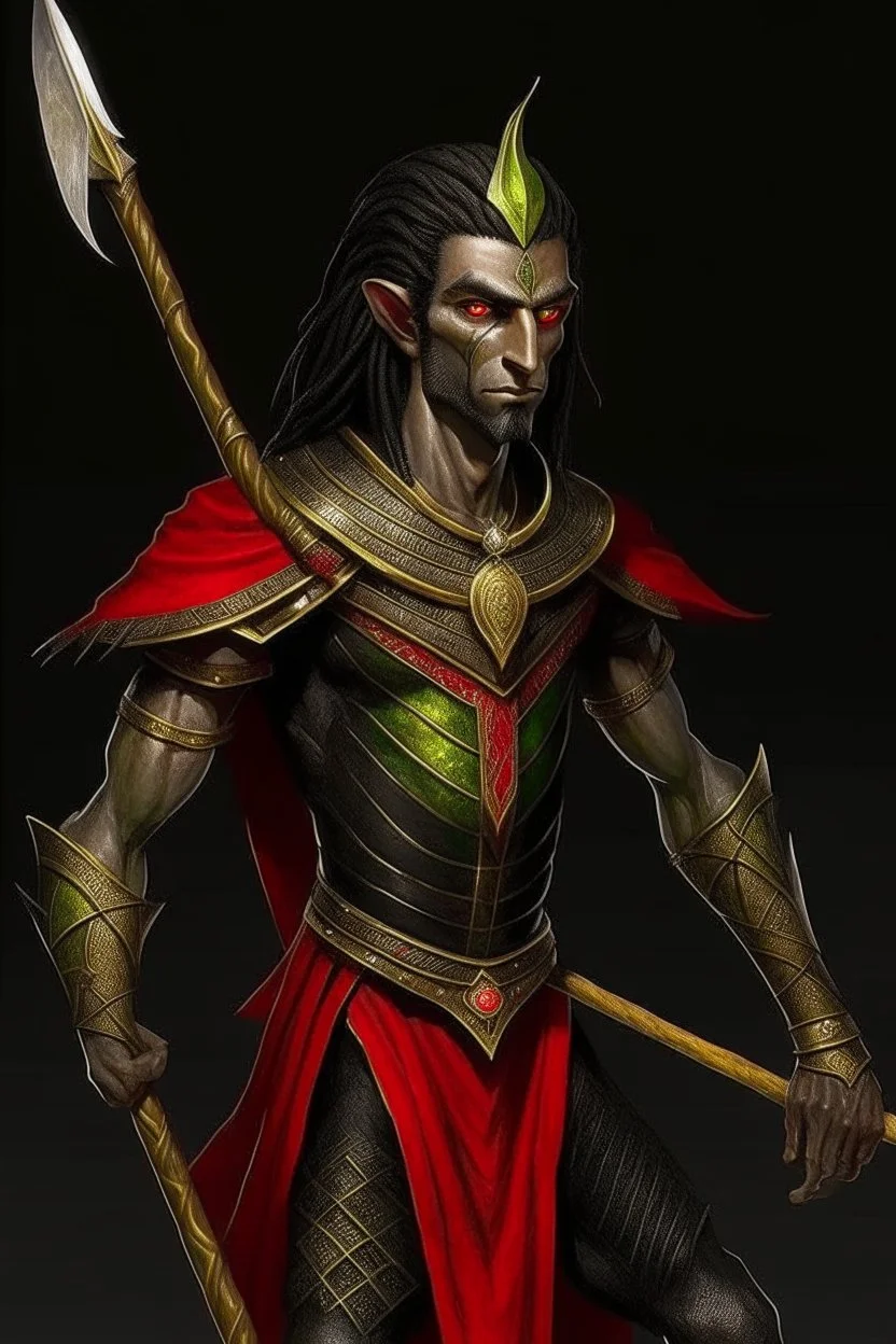 full length, montia, black red with gold lines, holding a spear in his hand