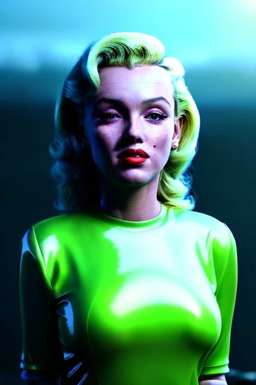 Ultra Realistic retro sci-fi scene, portrait, blonde woman, sweet young Marilyn Monroe face, perfect iris, tight latex coat, Strange planet background, Retro sci-fi style helmet, fog, rain, soft color, highly detailed, unreal engine 5, ray tracing, RTX, lumen lighting, ultra detail, volumetric lighting, 3d, finely drawn, high definition, high resolution.