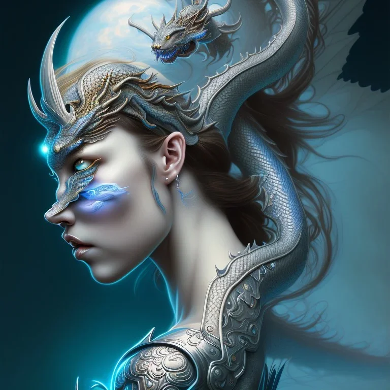 sango fantasy, fantasy magic, intricate, sharp focus, illustration, highly detailed, digital painting, concept art, matte, artgerm and paul lewin and kehinde wiley, masterpiece silver dragon head Asian Afo woman blue waves