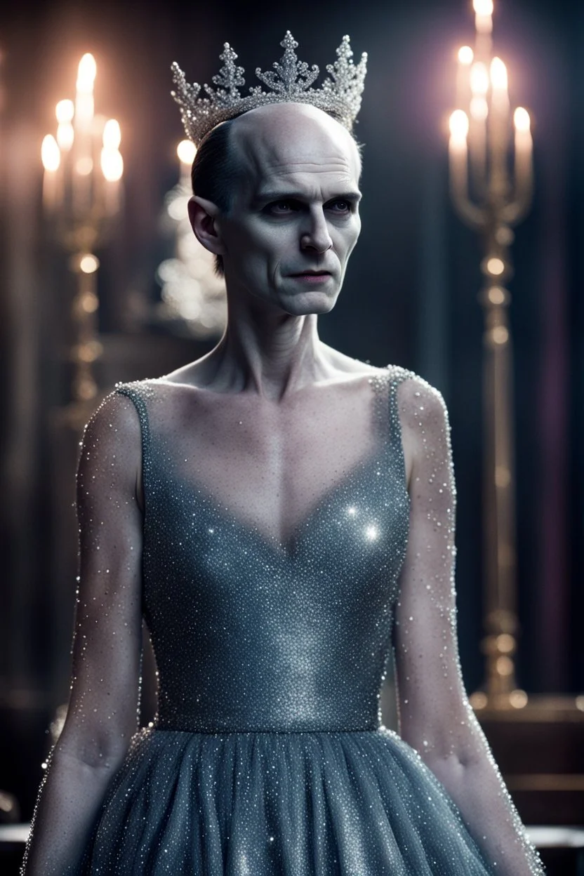 Voldemort looking pretty in a sparkly dress and tiara