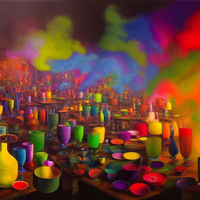 inside factory of colors. smoke rises from multi-colored glassware. color swatches in the background. hyperdetailed, warm colors, detailed painting, photorelistic, oil on canvas, light dust, futuristic. volumetric lighting