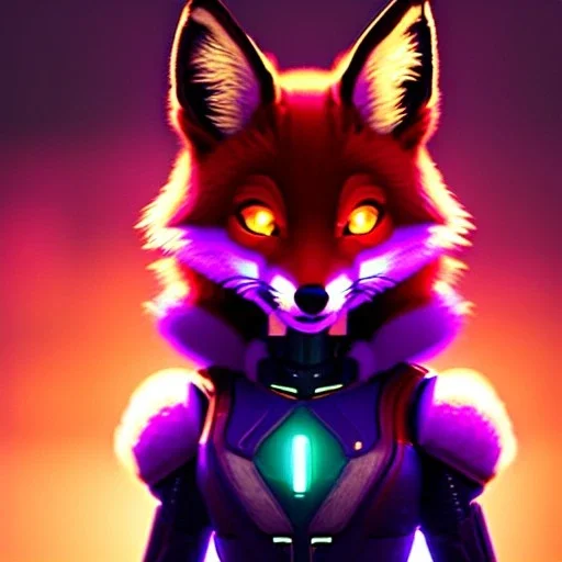 A fox fursona, Furry art, Digital art, cyberpunk, High quality, Backlighting, female, anthropomorphic, full body portrait, 8k resolution, fox tail, Realistic, high quality, great details, within portrait, masterpiece, best quality, cinematic lighting, detailed outfit, vibrant colors, perfect eyes, furry, human body, robotic arm, sfw, in the style of Titanfall, highly detailed face, perfectly drawn