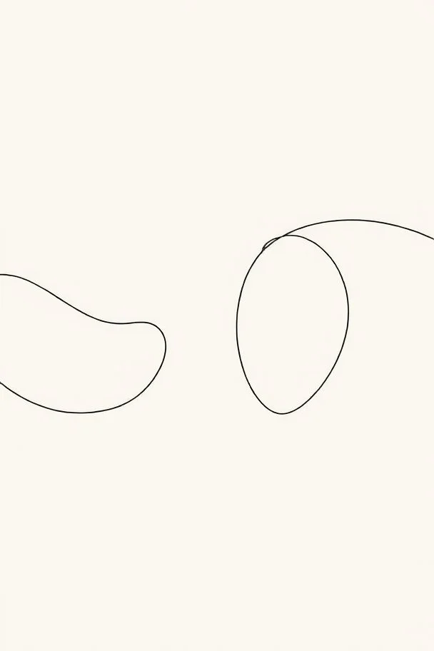 :Abstract line art, minimalist, neutral color palette (beige, cream, off-white, light gray), single continuous black line forming organic, flowing shapes and loops, some lines thin and delicate, others thicker and more pronounced, subtle textured background resembling