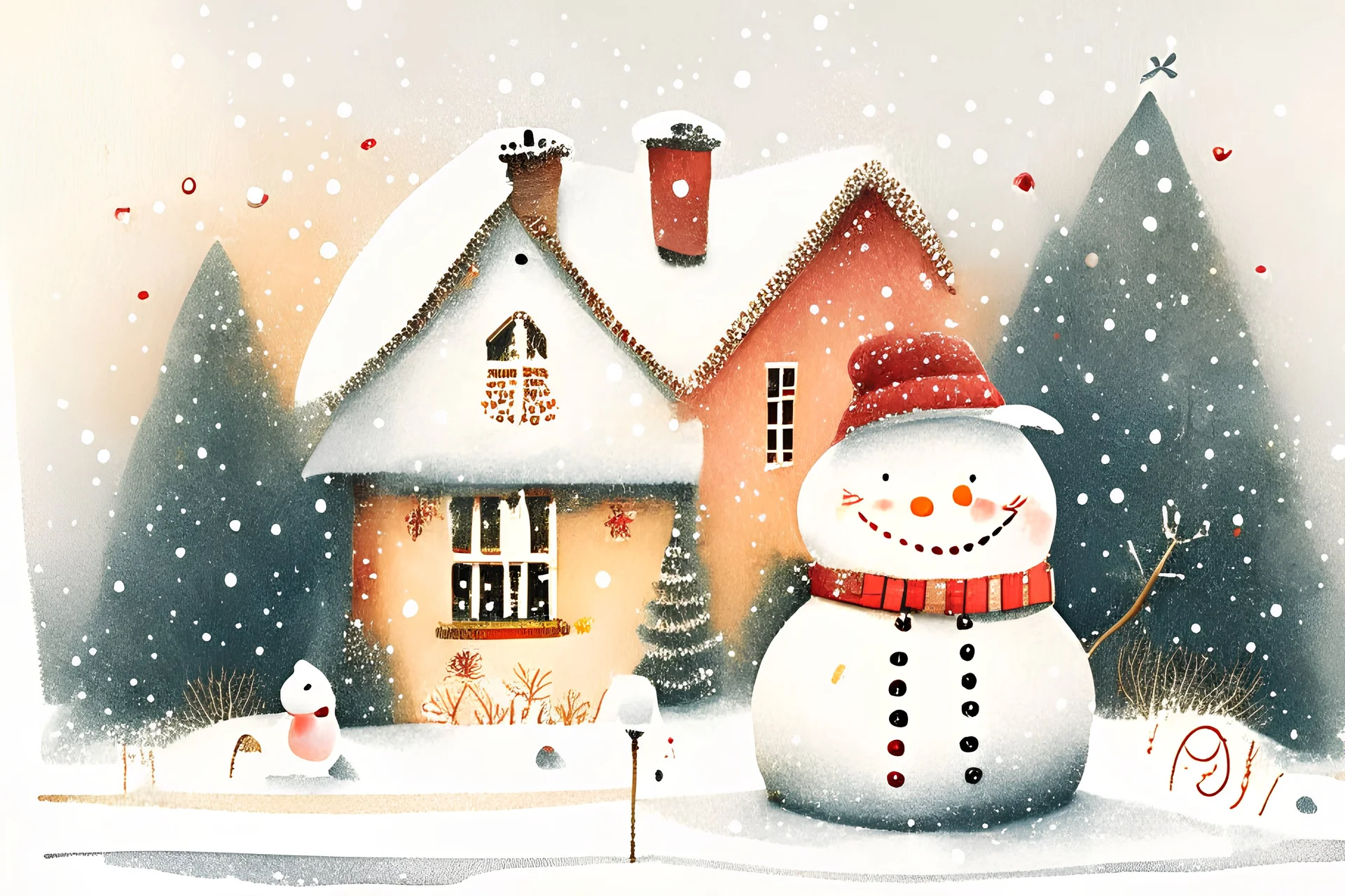 Christmas illustration, whimsical, detailed, warm colors, grainy texture, subject: snowman in a snowy garden, house with lights, white background