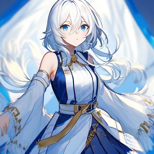 Clear focus, High resolution, rough line sketch art, short fluffy white hair, hair between eyes, fluffy hair, blue eyes, wearing a sleeveless shirt, wearing a a pleated skirt , detailed outfit, lots of details, bow on belt, white belt, white and blue everywhere on outfit, cut sleeve, yellow chains around outfit, concept art