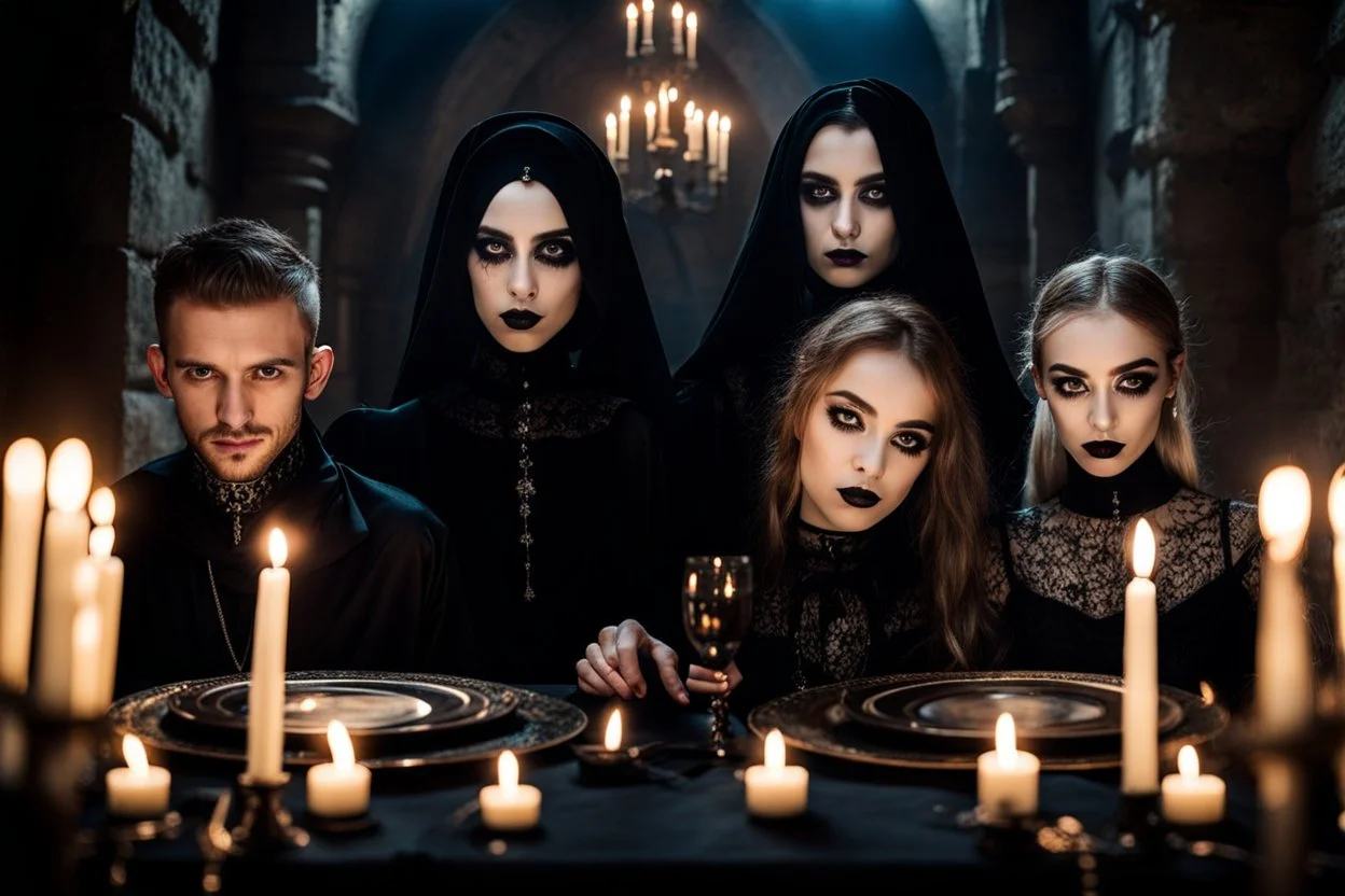 young gothic people with big dark shiny eyes, tiny nose, tiny mouth black nice cloth make a gothic party on big balkone in the castle, nightly mood,pale lights, candles, high detailed, weird, surreal mood, cinematic