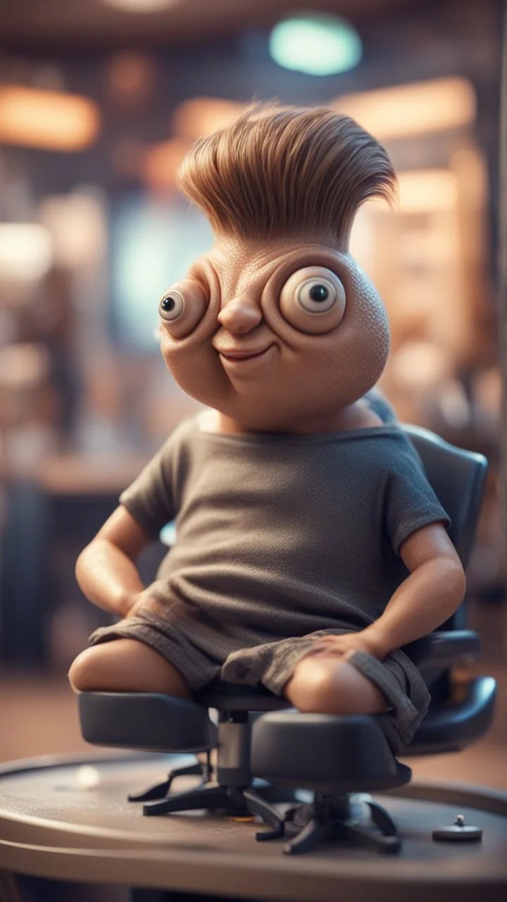 portrait of cartoon snail man with rocker hair chilling at the barber shop,bokeh like f/0.8, tilt-shift lens 8k, high detail, smooth render, down-light, unreal engine, prize winning