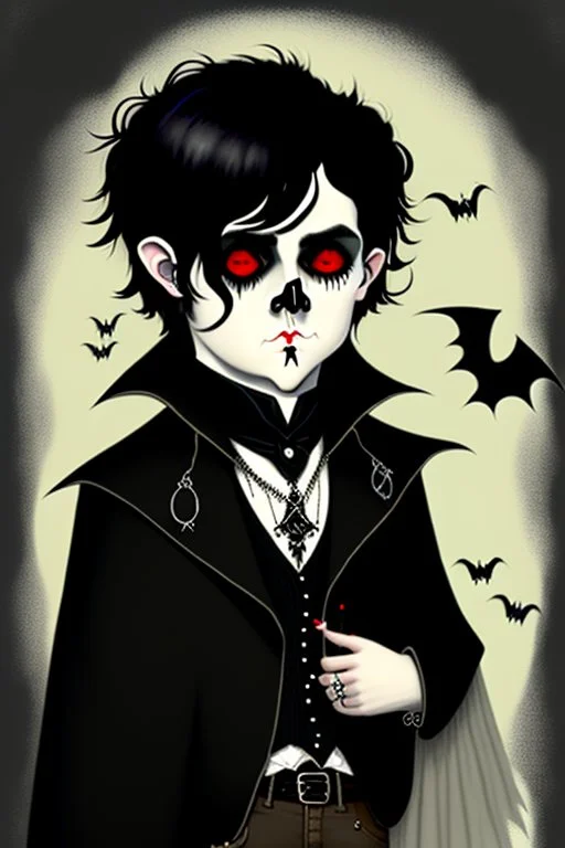 black haired black eyed young man necromancer goth hobbit with gothic jewelry and pet black bat in the style of Charles Addams