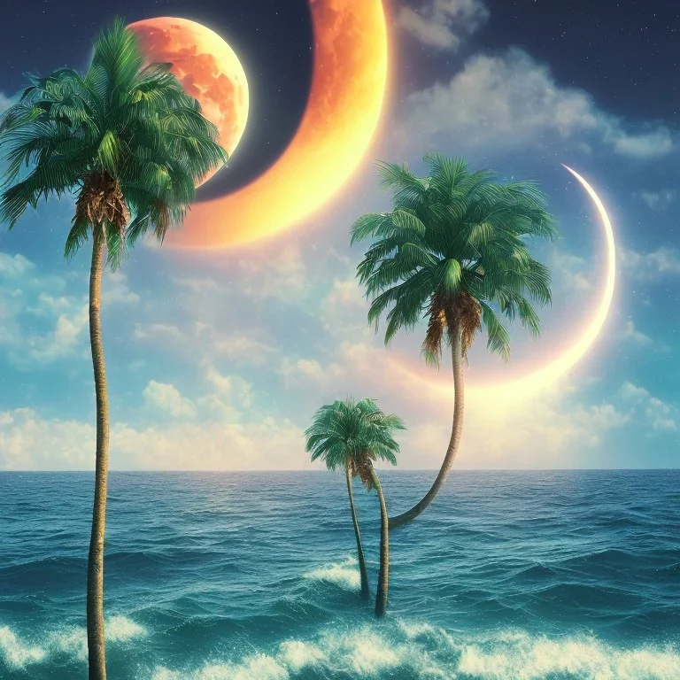 1980's vaporwave aesthetic palm trees with lightning with lunar eclipse moon crescent in the ocean waves sunset