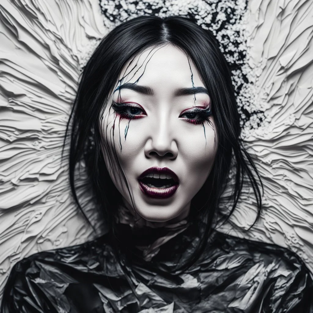 paper portrait of Goth Asian woman, lying pose, face distorted with pain, reverse colors, screaming, tears streaming from eyes, glitchcore, horror, ultra realist texture,