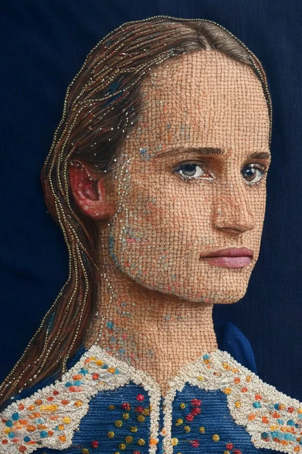 Hand sewn and embroidered Alicia Vikander, threads, sewing needles