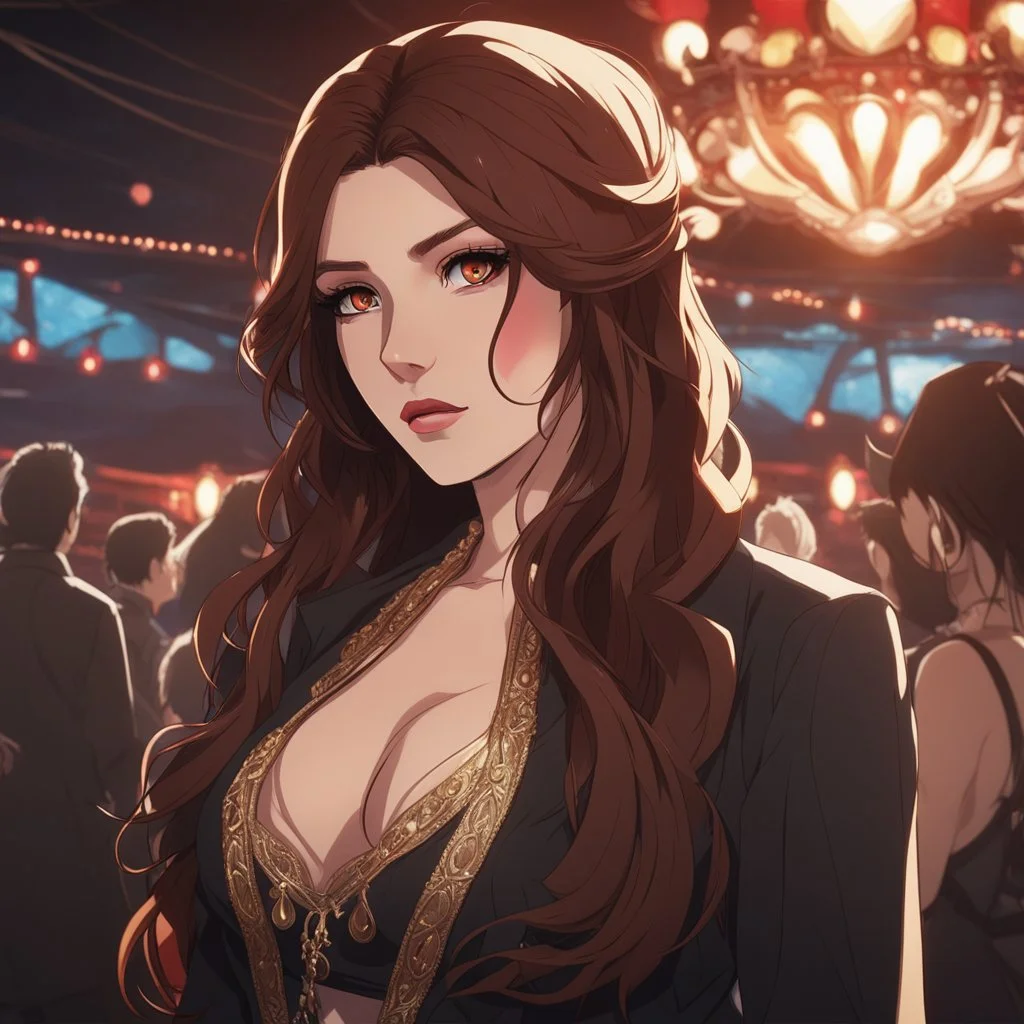 anime style, An Arrogant-Looking Young Woman With Pale Skin, Red Eyes, And Long Brown Hair. In a nightclub. High Definition, Greg Rutkowski, 8k Resolution, Intricate Details