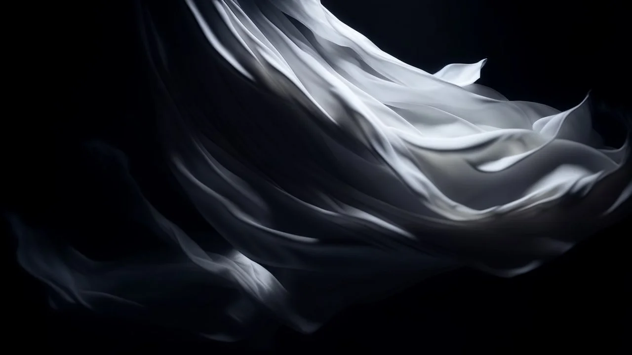 Flying in the air alone piece of white cloth in a dark atmosphere, ethereal, dramatic lighting, highly detailed and hyper-realistic texture, macro detail, close-up, high resolution, sharp image, distinct strokes and lines, detailed graphics, UHD. 18K