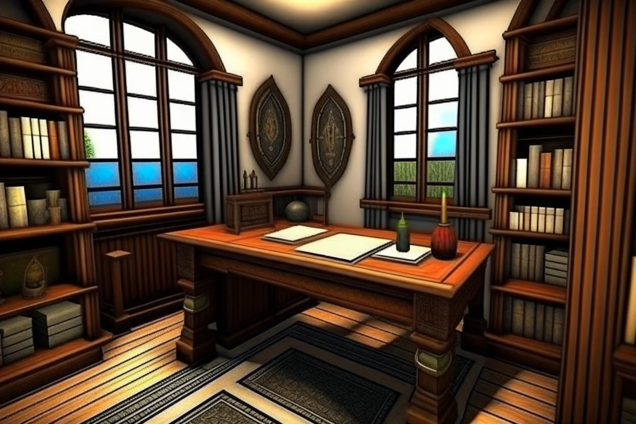 Fantasy medieval study room with desk front view