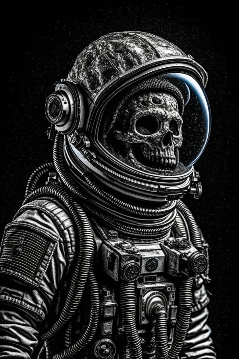 absurdres, intricate details, masterpiece, best quality, high resolution, 8k, (skeleton in astronaut spacesuit:1.2), (skull:1.3), (broken helmet:1.4), (colored light bulbs:1.3), spacesuit, lunar surface, craters, black sky, stars, shot on camera Canon 1DX, 50 mm f/2.8 lens, raw, by Paul Žižka