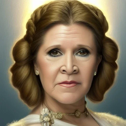 [[extrem stunning photorealistic Carrie Fisher as Princess Leia]] :: [[photorealistic brown eyes, short hair, head and shoulders portrait, 8k resolution photorealistic portrait by Greg Rutkowski, Artgerm, WLOP, Alphonse Mucha, dynamic lighting, hyperdetailed, intricately detailed, triadic colors]]