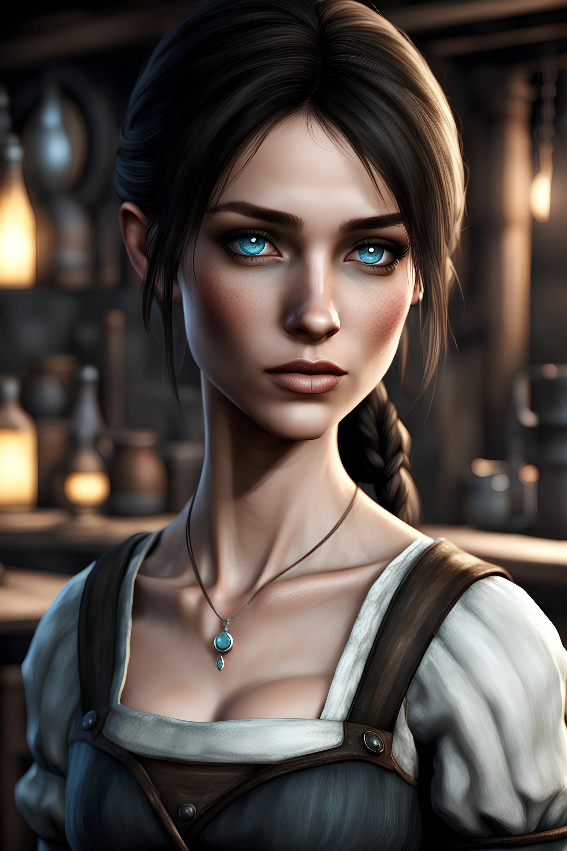 A young female breton barmaid from Skyrim with light blue eyes, brunette, melancholic, wholesome, sad