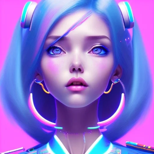 blue hair woman, smile, purpurin, school dress, white shirt, gradient color, BLUE, PINK, CYAN, neon, insanely detailed, 16k resolution, perfect eyes, cinematic smooth, intricate detail