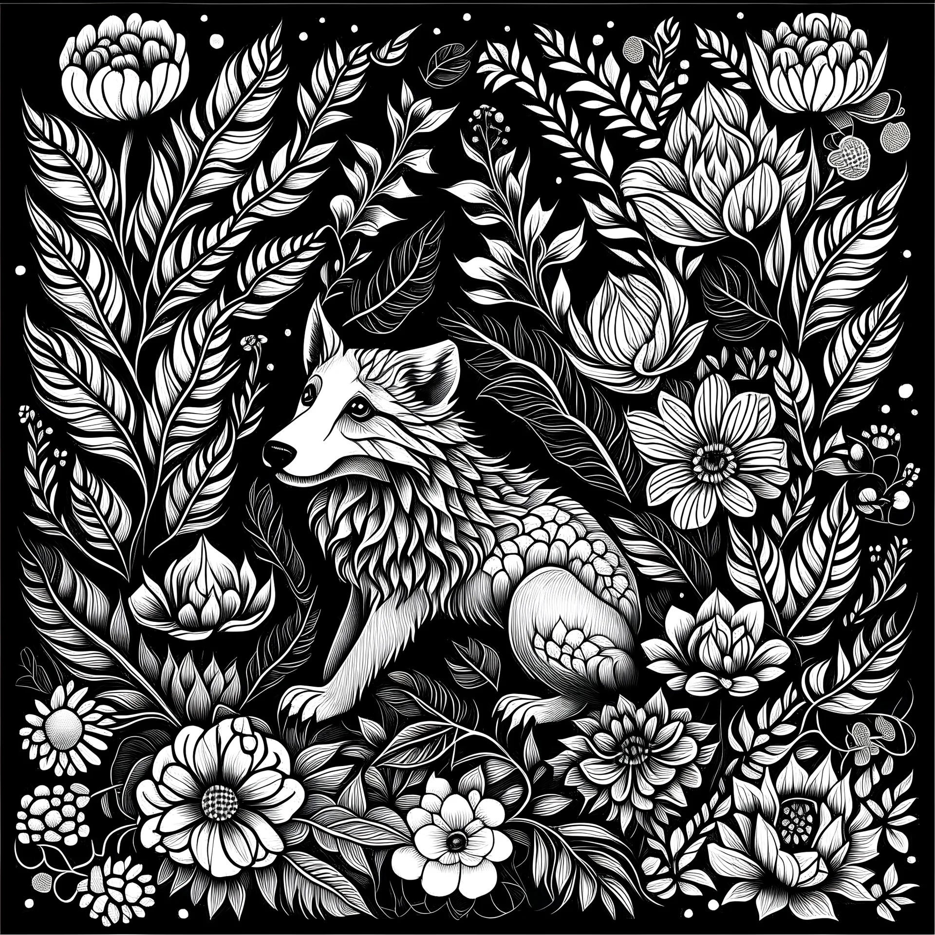black and white. animal between seeds and big flowers. black background. for a coloring.