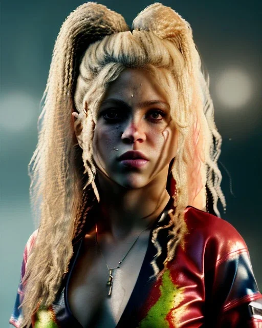 portrait, Shakira, blonde artist, angry, Realistic image, MMA robe, hoodie, mouthguard, nose, band aid, loose long hair, eyes make up, line gold make up, glow, circle iris. Rain, fog, Neon colors, leds. Dark background, photo studio, concept art, smooth, unreal engine 5, god lights, ray tracing, RTX, lumen lighting, ultra detail, volumetric lighting, 3d, finely drawn, high definition, 4k.