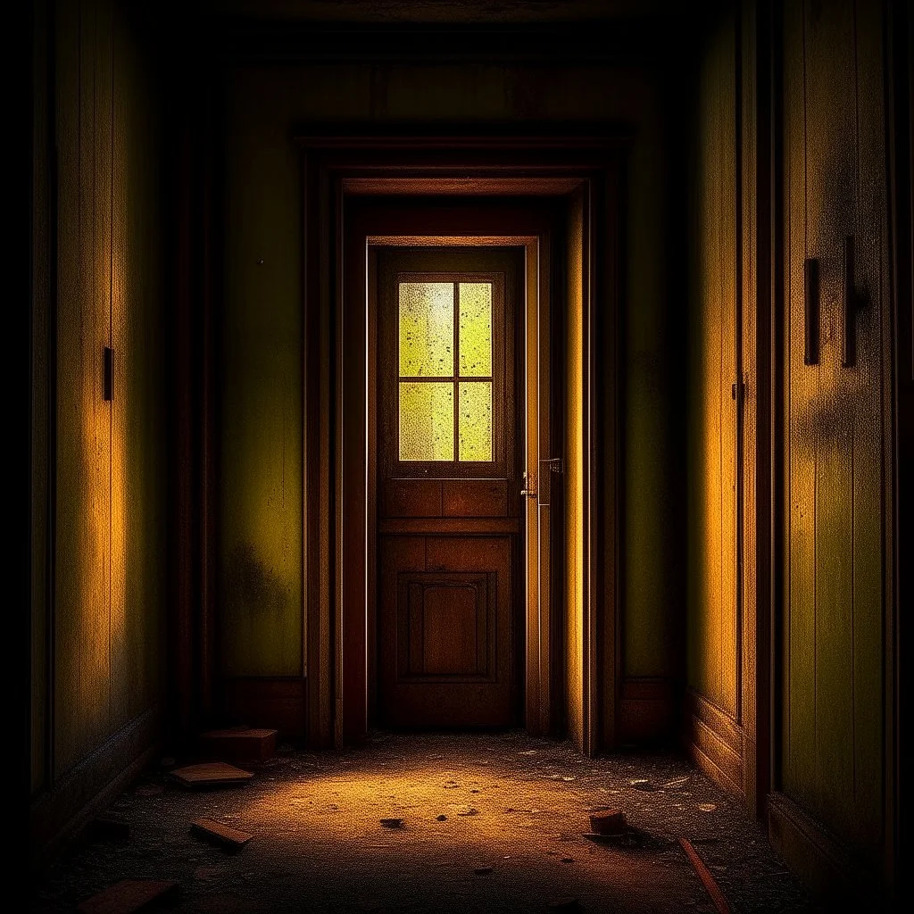 An ancient, weathered door stands in an abandoned house, shrouded in deep, engulfing darkness. The walls are rough and covered in moss and dust, with wooden beams crumbling and floors uneven. The faint light coming from a small particle of the philosopher's stone, placed mysteriously near the door, emits a warm, surreal glow, contrasting with the surrounding darkness. The stone’s light weakly illuminates the nearby area, casting long, eerie shadows. The atmosphere is thick with mystery and tensi