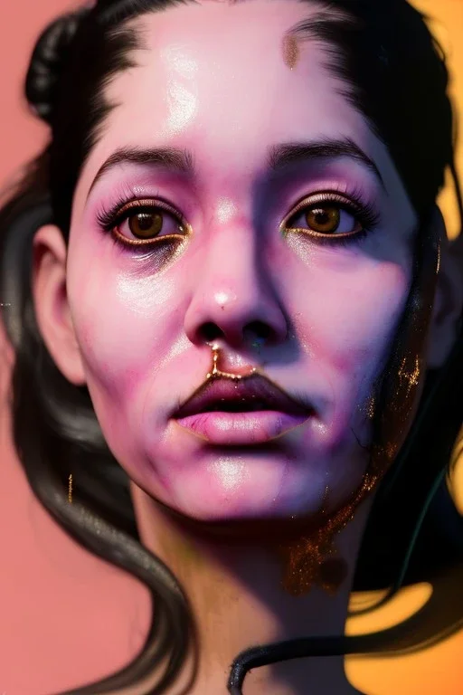 Realistic image, Rosalía artist, portrait, waist up portrait, long black eye line, sweet, gold and pink geisha style, glow make up, led lights, neon, led piercing nose, led ornament, fog, rain, bubble latex dress, vibrant color, highly detailed, art stations, concept art, smooth, unreal engine 5, god rays, ray tracing, RTX, lumen lighting, ultra detail, volumetric lighting, 3d, finely drawn, high definition, high resolution.