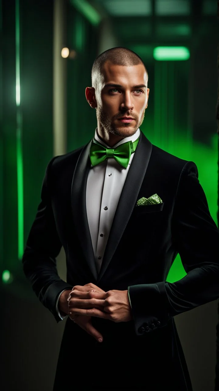 Handsome tough Alpha Male aged 30. buzz-cut hair, stubble on chin, wearing a black tuxedo with a green bow tie. Hyperrealistic 4k dark fantasy